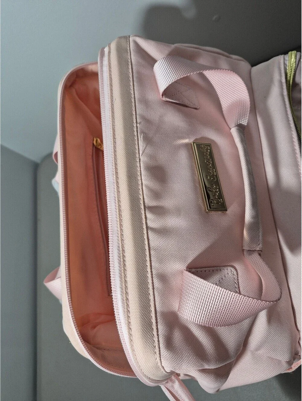 Baby Essentials Pink Diaper Bag Backpack Insulated Bottle Pockets Gold Tone